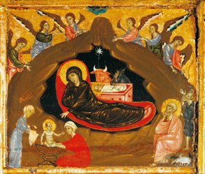 Narození Páně, detail z Antependia svatého Petra na trůnu od Guida da Siena (cca 1250-1300), tempera a zlato na dřevě