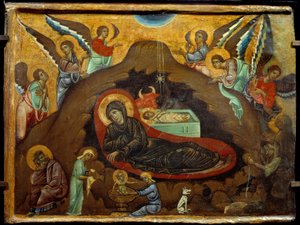 Narození. Obraz Guido Da Siena (13. století). Tempera na dřevě. Rozměr: 3,64 x 4,75 cm.