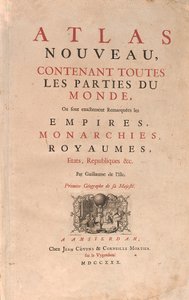 Atlas nesoucí svět v obchodě s geografickými mapami (lept od Guillaume Delisle