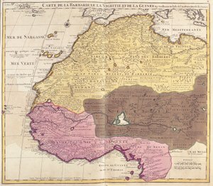 Mapa Barbarie (Maroko, Alžírsko, Tunisko, Libye), Nigritude (Mali, Burkina Faso, Niger) a Guineje (Senegal, Guinea, Sierra Leone, Libérie, Pobřeží slonoviny, Ghana, Togo, Benin, Nigérie) (lept