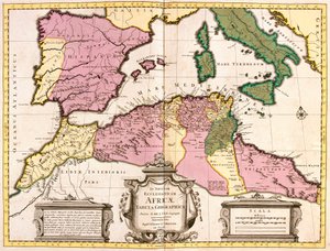 Mapa severní Afriky (Mauritánie, Maroko, Alžírsko, Tunisko, Libye) a Evropy (Španělsko, Portugalsko, Francie, Itálie, Řecko s Baleárskými ostrovy, Sardinie, Korsika a Sicílie) (lept