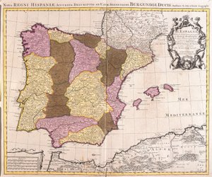 Mapa Pyrenejského poloostrova, Portugalského království a Španělska (lept