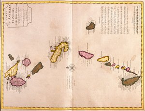 Mapy karibských ostrovů (Guadeloupe, Marie Galante, Dominika, Martinik, Svatá Lucie, Svatý Vincenc, Barbados, Grenadiny a Grenada) (lept od Guillaume Delisle
