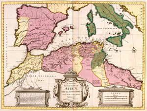Maroko, severní Alžírsko, Tunisko, severozápadní Libye, Španělsko, Portugalsko, Itálie (kromě severu). od Guillaume Delisle