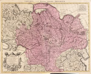 Rusko, Kazachstán, Uzbekistán, Kyrgyzstán, Tádžikistán, velká část Číny (kromě jihovýchodu), Mongolsko. od Guillaume Delisle