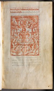 Tištěná kniha hodin (užívání v Římě): fol. 1r, tiskařská značka od Guillaume Le Rouge