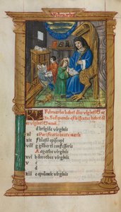 Tištěná kniha hodin (římské užití): fol. 3v, únorová kalendářní ilustrace od Guillaume Le Rouge