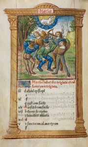 Tištěná kniha hodin (Řím): fol. 4v, ilustrace březnového kalendáře od Guillaume Le Rouge