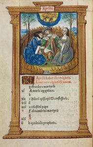 Tištěná kniha hodin (Řím): fol. 5v, ilustrace dubnového kalendáře od Guillaume Le Rouge