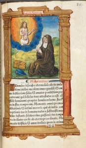 Tištěná kniha hodin (římská): fol. 90r, Svatá Brigita v modlitbě před zjevením Krista od Guillaume Le Rouge