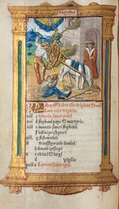 Tištěná kniha hodin (Řím): fol. 9v, ilustrace srpnového kalendáře od Guillaume Le Rouge