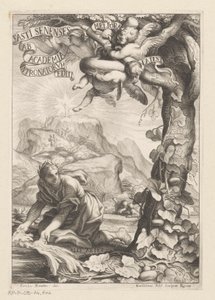 Alegorické znázornění uznávané ženy zalévající tykev; v pozadí postavy vystupují na horu Titulní strana pro: Giovanni Baptista Ferrari, Fasti Senenses, Ab Academia Intronatorum Editi, 1661 od Guillaume Vallet