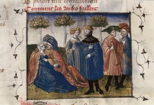 Galantní scéna dvořanů, miniatura v „Roman de la Rose“ od Guillauma Lorrise