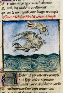 "" Dedale a Icarus "" (Icarus a Daedalus) Aby unikl na Minos, Dedale tlačí svého syna Ikara, aby odletěl díky svým voskovým křídlům. Miniatura od Guillauma Lorrise z rukopisu „"Řím z růže"
