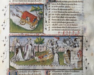 Jak Venuše přichází a zaútočila na hrad postavený žárlivostí, Miniatura od Guillauma Lorrise z rukopisu Le Romanesque de la Rose,
