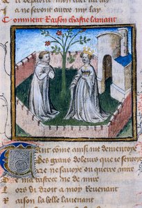 Znázornění páru milenců u růže, miniatura v "Roman de la Rose"