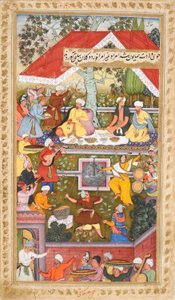 Oslavy na počest Humájúnova narození v kábulském Čahar Baghu (Sur Gujarati), asi 1590 (neprůhledný akvarel) od Gujarati Sur