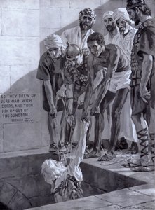 Jeremiáš byl vytahován ze studny, do které byl uvržen na radu knížat krále Sedekiáše (litho)