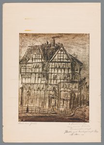 Reprodukce tisku nebo kresby s pohledem na starý dům, možná v Greiz v Německu od Gustav Digel (signed by artist)