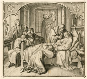 Lutherův přítel Philipp (Philippe, Philippus) Melanchthon (1497-1560) je velmi nemocný, a proto se Luther modlí za uzdravení od Gustav Ferdinand Leopold Konig