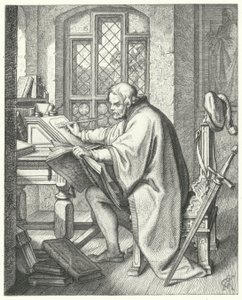 Martin Luther zahajuje překlad Bible na hradě Wartburg (rytina)