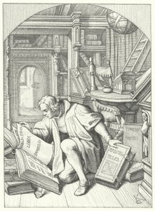 Martin Luther objeví v knihovně na Erfurtské univerzitě latinskou bibli (rytina) od Gustav Ferdinand Leopold Konig