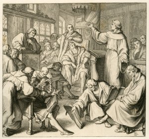 Martin Luther v diskusi s Dr. Johannes Eck (Johann Maier von Eck) (1486-1543), na straně Luthera Philipp Melanchthon (1497-1560) a Karlstadt (Andreas Rudolf Bodenstein von Karlstadt od Gustav Ferdinand Leopold Konig
