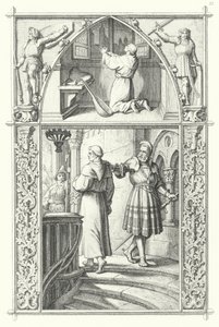 Martin Luther v modlitbě, když se připravuje na Diet of Worms (nahoře). Georg von Frundsberg povzbuzuje Martina Luthera (dole) (rytina) od Gustav Ferdinand Leopold Konig
