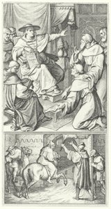 Martin Luther opouští papežova legáta ve Wittenbergu, Thomase Cajetana (nahoře). Martin Luther opouští město Augsburg (dole) (rytina) od Gustav Ferdinand Leopold Konig