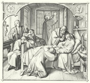 Martin Luther se modlí u smrtelné postele Philipa Melanchtona (rytina) od Gustav Ferdinand Leopold Konig
