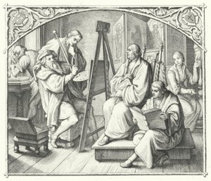 Martin Luther sedí u obrazu Lucase Cranacha staršího (rytina) od Gustav Ferdinand Leopold Konig