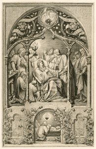 Smrt Martina Luthera, Lutherovi dva synové, klečící před svým otcem, Dr. Justus Jonas říká poslední slova, za nimi se modlí Michael Coelius, Johannes Aurifaber se svícnem, lékař Simon Wild s léky a vpravo hrabě Albr. od Gustav Ferdinand Leopold Konig