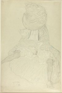 Sedící žena zepředu s kloboukem, obličej s kapucí od Gustav Klimt