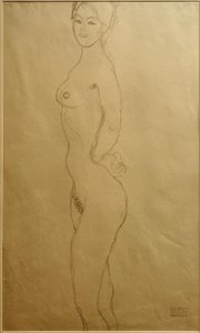Stojící ženský akt vlevo, ruku v ruce... od Gustav Klimt