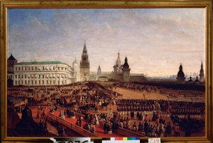 Vojenská přehlídka při korunovaci císaře Alexandra II. (1818-1881) v moskevském Kremlu, 18. února 1855. Obraz Gustava Schwarze (kolem 1800-po 1855), olej na plátně