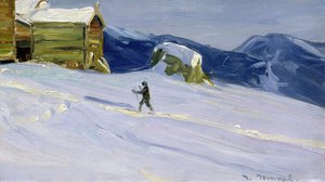Zimní večer ve Vaga s lyžařem (olej na plátně) od Gustav Wentzel