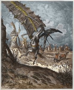 Don Quijote a větrné mlýny z „Don Quijote de la Mancha“ od Miguela Cervantese (1547-1616) (Don Quijote) - vyryl Heliodore Joseph Pisan (1822-90) podle kresby Gustava Dore