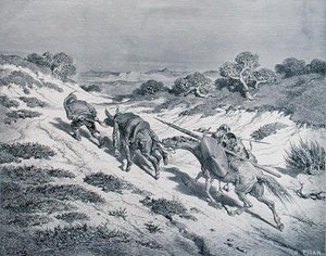 Zbitý rytíř a jeho panoš, z „Don Quijote de la Mancha“ od Miguela Cervantese (1547-1616), vyrytý Heliodorem Josephem Pisanem (1822-90) kolem roku 1868 (rytina) od Gustave (after) Dore