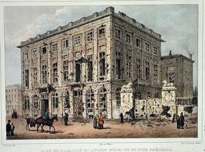 Cafe Amitie a Old Hotel du Prince Frederic, Brusel, po bojích 23.-26. září 1830, vyryl Jean Baptiste Madou (1796-1877) (barevná rytina) od Gustave Adolphe (after) Simoneau