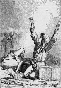 Gavroche padá na barikády - ve filmu „Les Miserables“ od Victora Huga, nemocného. od Brion, ed. Hetzel a Lacroix