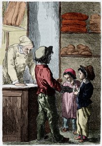 Gavroche dává chléb dětem - v „“Les Miserables““ od Victora Huga, nemocného. od Brion, ed. Hetzel a Lacroix