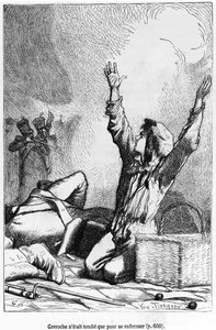 Gavroche padl, aby znovu povstal, ilustrace z „Les Miserables“ od Victora Huga (1802-85) vyrytá Julesem Leonem Perrichonem (1836-97)