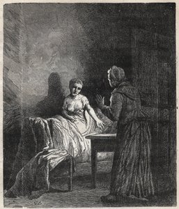 Marguerite vstoupí do Fantineina pokoje a Fantine mu ukáže dva Napoleony (mince), kteří mohou zachránit Cosette, jeho dceru - Ilustrace Gustava Briona (1824-1877) pro „The Miserables - First part: Fantine“ od Victora Huga (1802-1885) 1862 od Gustave Brion