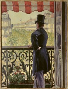Muž na balkóně Elegantní muž v cylindru spočívá na zábradlí balkónu na velkých pařížských bulvárech. Obraz Gustava Caillebotteho (1848-1894) 1880 ne. 0,86 x 1,14 m. Soukromá sbírka - Muž na balkóně. Chytrý muž v cylindru le od Gustave Caillebotte