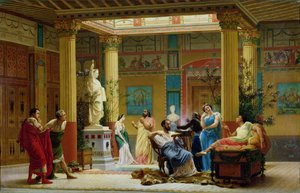 Zkouška hry „Flétnista“ a „manželka Diomedova“ v atriu Pompejského domu prince Napoleona, 18 Avenue Montaigne, Paříž, 1861