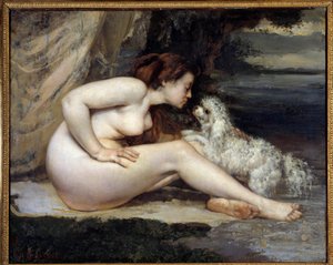 Pes nahá žena. Portrét Leontine Renaude. Obraz Gustava Courbeta (1819-1877)