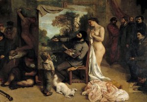 Malířská dílna. Alegorie Reelle určující sedmiletou fázi mého uměleckého života (a morálního) Detail znázorňující malířku obklopuje její dva inspirační zdroje, dítě symbolizující naivitu a nahou ženu. Obraz Gustava Courbeta (1819-