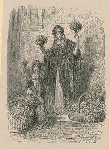Skupina mladých žen prodávajících květiny z košíků od Gustave Dore