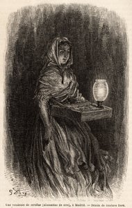 Prodavačka voskových zápalek, skica na živě na puerta del sol v Madridu. Rytina Gustava Dorea (1832-1883) k ilustraci jeho cesty do Španělska s Ch. Davillier (editor), v roce 1862, publikoval v „“Le tour du monde“““ 1869, editoval Edouard Charton, od Gustave Dore