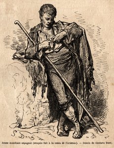 Mladý žebrák, a la vente de Cardenas, hostinec na silnici Almaden (provincie La Manche). Skica pořízená naživo Gustavem Dorem (1832-1883). Rytina pro ilustraci plavby ve Španělsku v roce 1862 od Charlese Davilliera a Gustava Dorea v „Le tour d od Gustave Dore